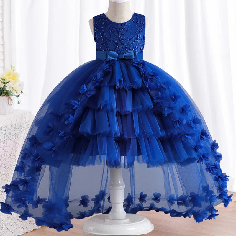''Girls' Lace Bow Dress 4-12 Years, Flower Sequin Trailing Princess Dress''