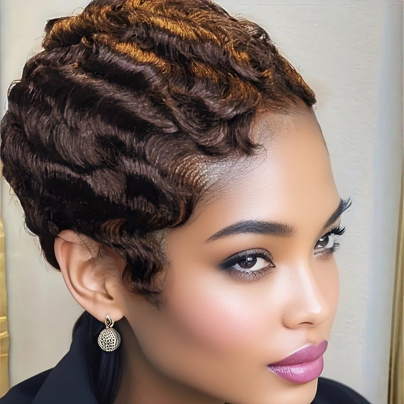 Short Finger Wave Human Hair Wig - Full Brown Wig for Women, Natural Soft Style