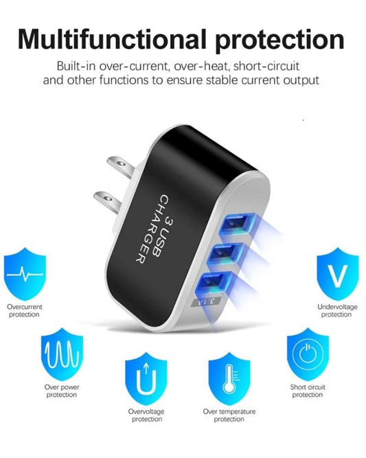 Vanou Tech 3-Port USB Wall Charger Block - Fast Charging Cube Adapter