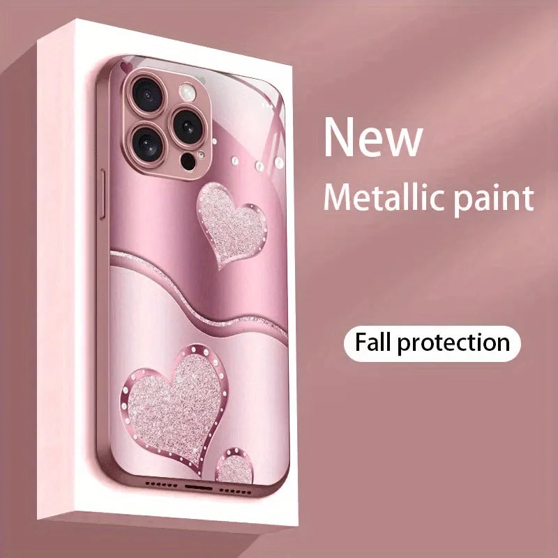Cutie Love Heart Pattern Pink Metallic Glass Phone Case for iPhone 17 / 16 / 15 / 14 / 13 / 12 / 11 Pro Max Plus – Luxury Hard Protective Cover