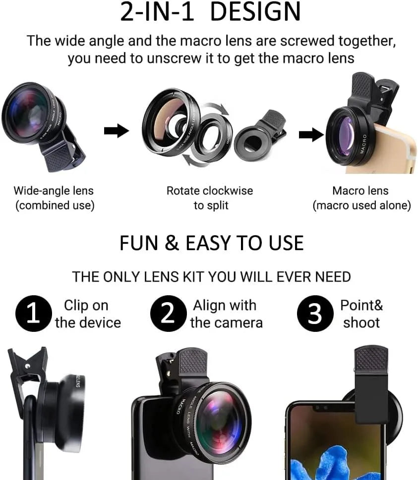 2 IN 1 Lens Universal Clip 37mm Mobile Phone Lens  0.45X  Super Wide + Macro HD  For iPhone &  Android