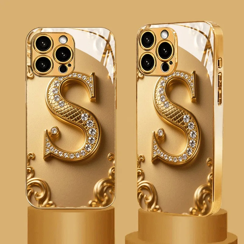 Luxury Golden “S” Pattern Metallic Glass iPhone Case – Shockproof Hard Cover for iPhone 17/16/15/14/13/12 Pro Max Plus