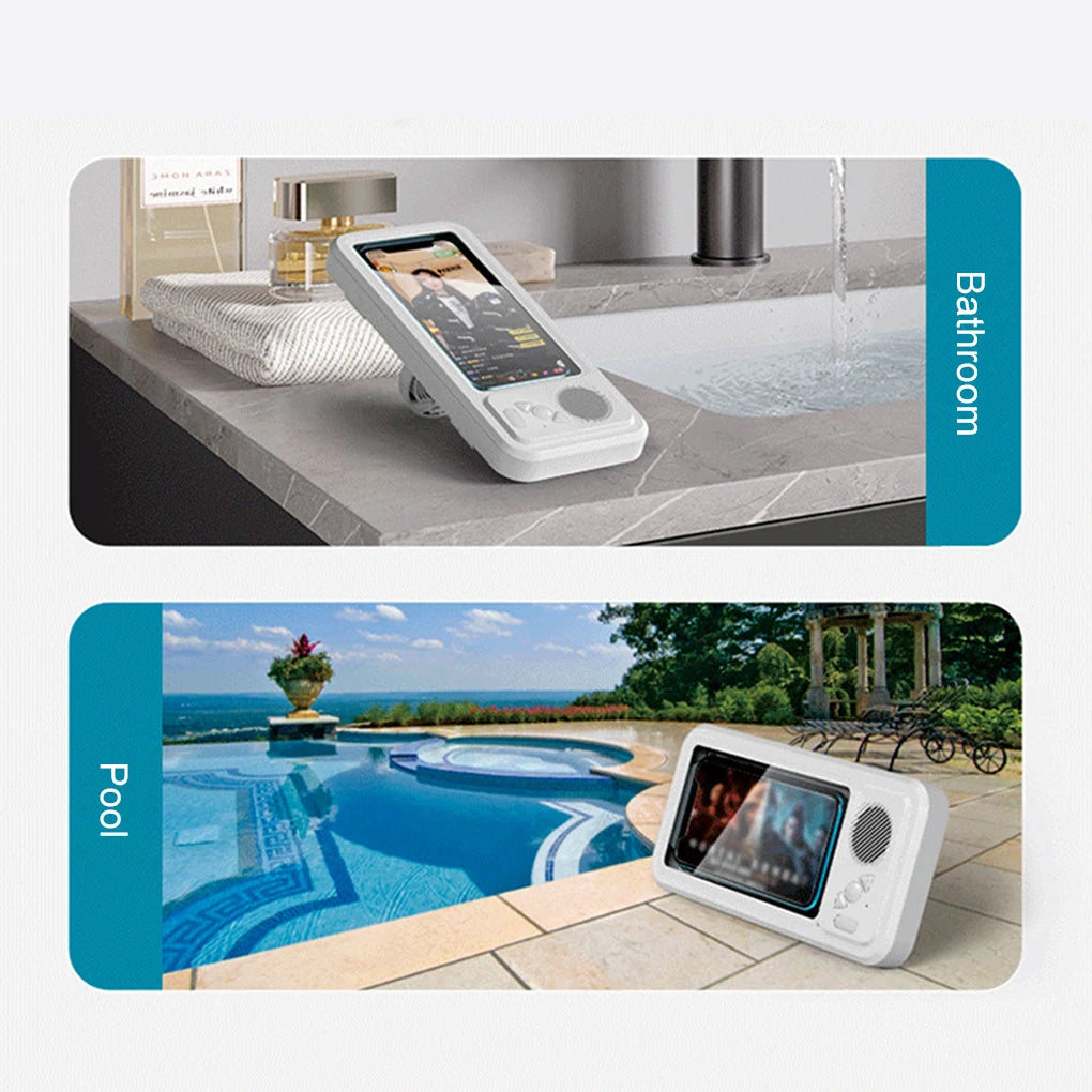 Shower Phone Holder with Bluetooth Speaker -  IPX4 Waterproof,  Anti-Fog Touch Screen Wall Mount 
﻿