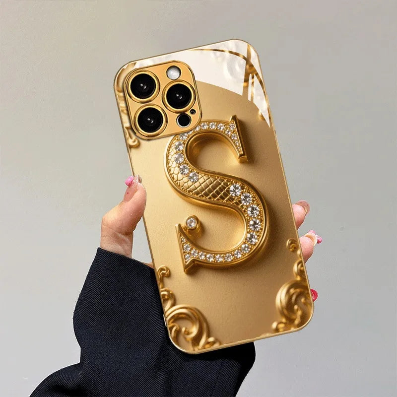 Luxury Golden “S” Pattern Metallic Glass iPhone Case – Shockproof Hard Cover for iPhone 17/16/15/14/13/12 Pro Max Plus