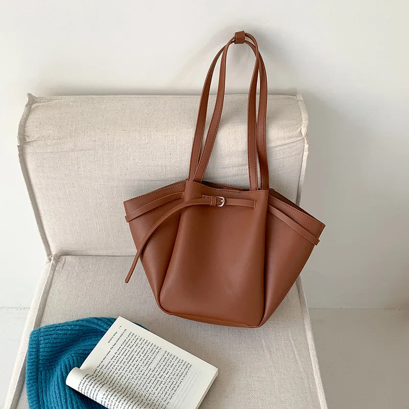 Soft PU Large Capacity Tote Bag Women Fashion Korean Style Commuter Shoulder Bag Solid Color Retro Minimalist Handbag