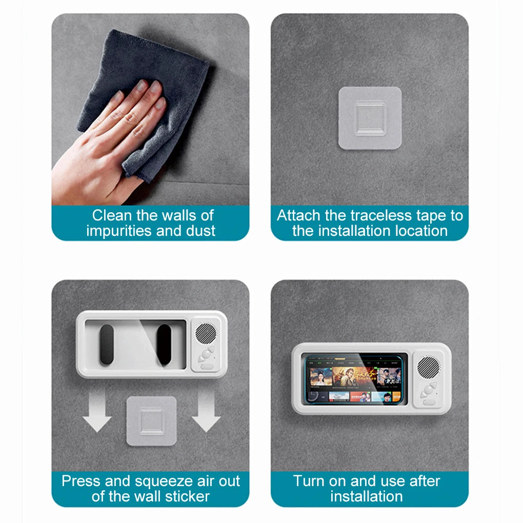 Shower Phone Holder with Bluetooth Speaker -  IPX4 Waterproof,  Anti-Fog Touch Screen Wall Mount 
﻿