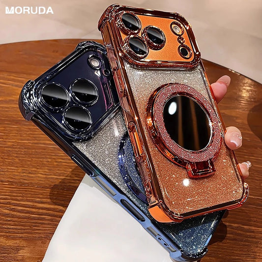 Luxury Glitter Mirror Case with Ring Holder Stand for iPhone 17–12 Series – Shockproof Bracket Cover (Pro Max/Plus)
