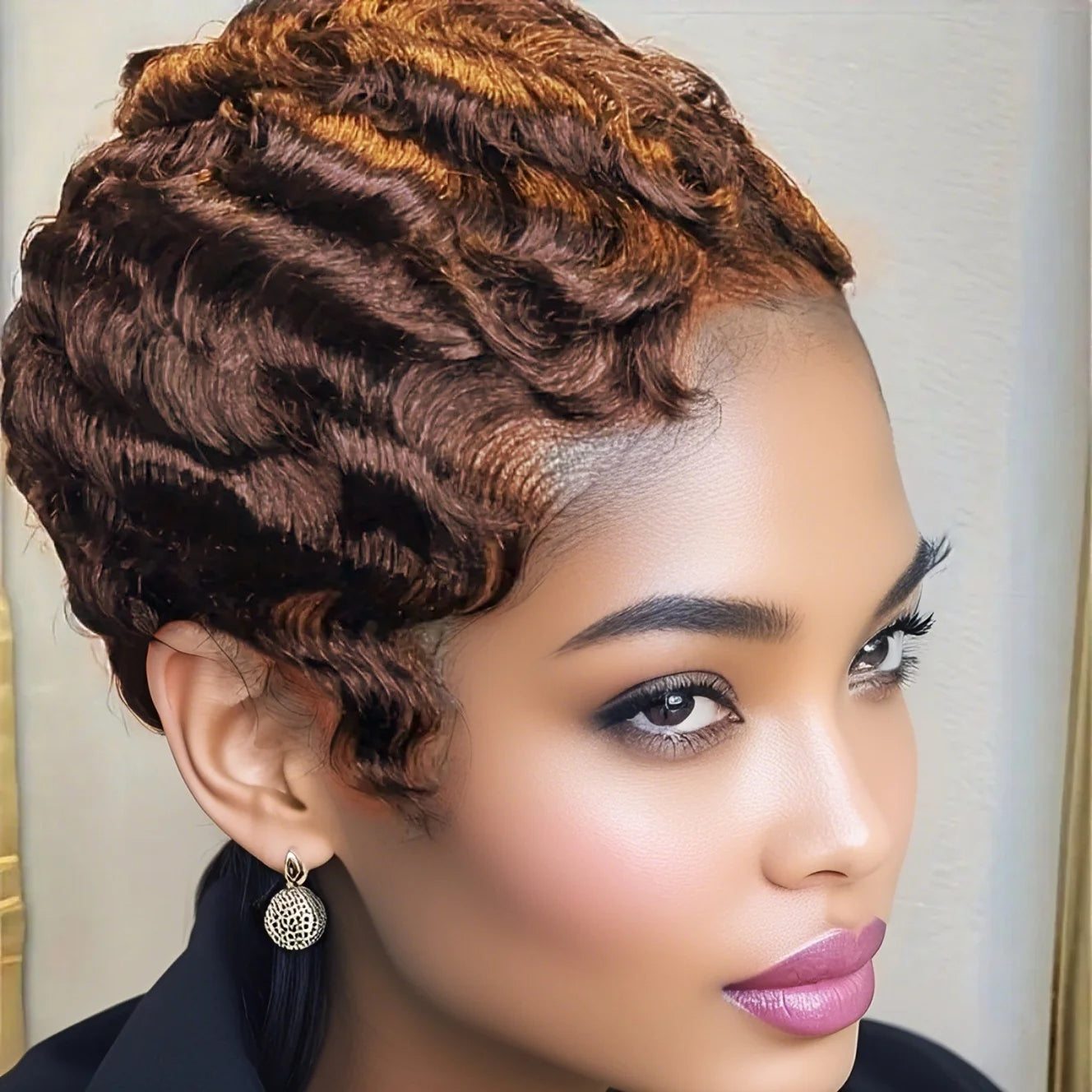 Short Finger Wave  Human Hair Wig -  Full Brown   Wig  for  Women, Natural Soft Style