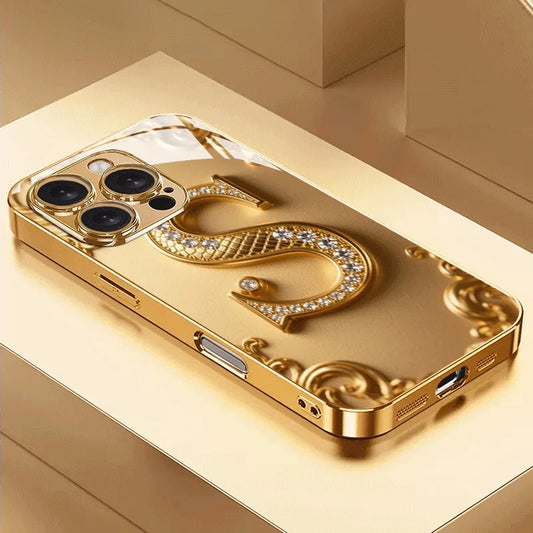 Luxury Golden “S” Pattern Metallic Glass iPhone Case – Shockproof Hard Cover for iPhone 17/16/15/14/13/12 Pro Max Plus
