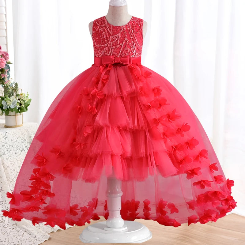 ''Girls'  Lace Bow Dress 4-12 Years, Flower  Sequin  Trailing Princess Dress''