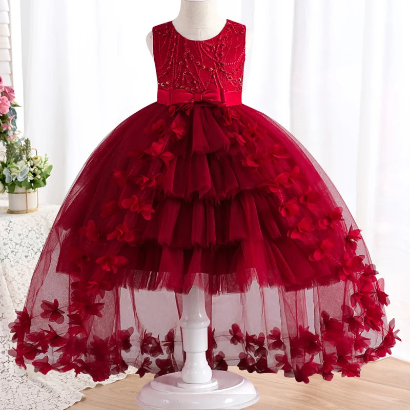 ''Girls'  Lace Bow Dress 4-12 Years, Flower  Sequin  Trailing Princess Dress''