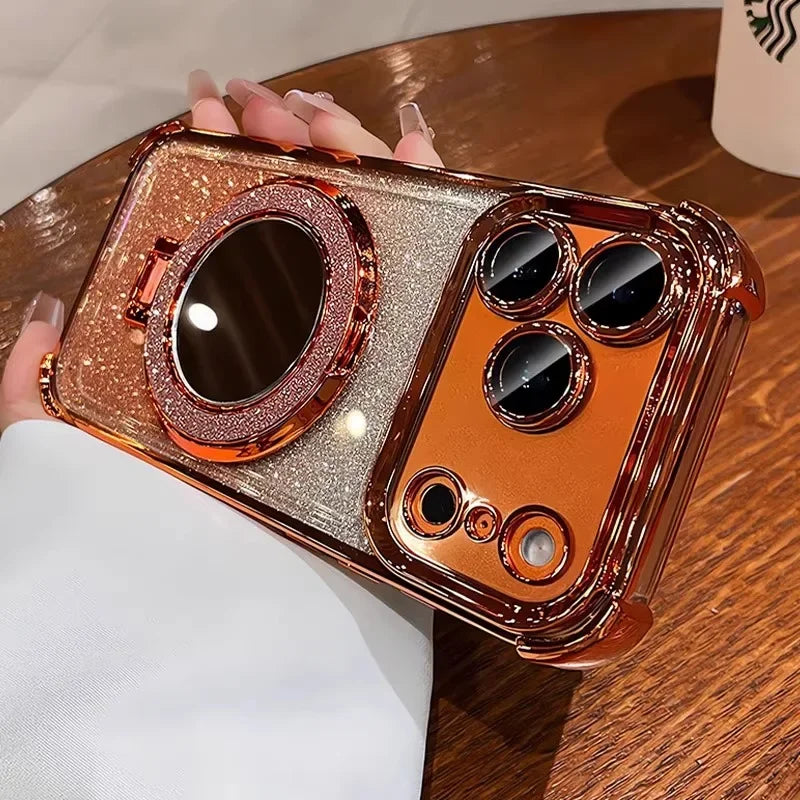 Luxury Glitter Mirror Case with Ring Holder Stand for iPhone 17–12 Series – Shockproof Bracket Cover (Pro Max/Plus)