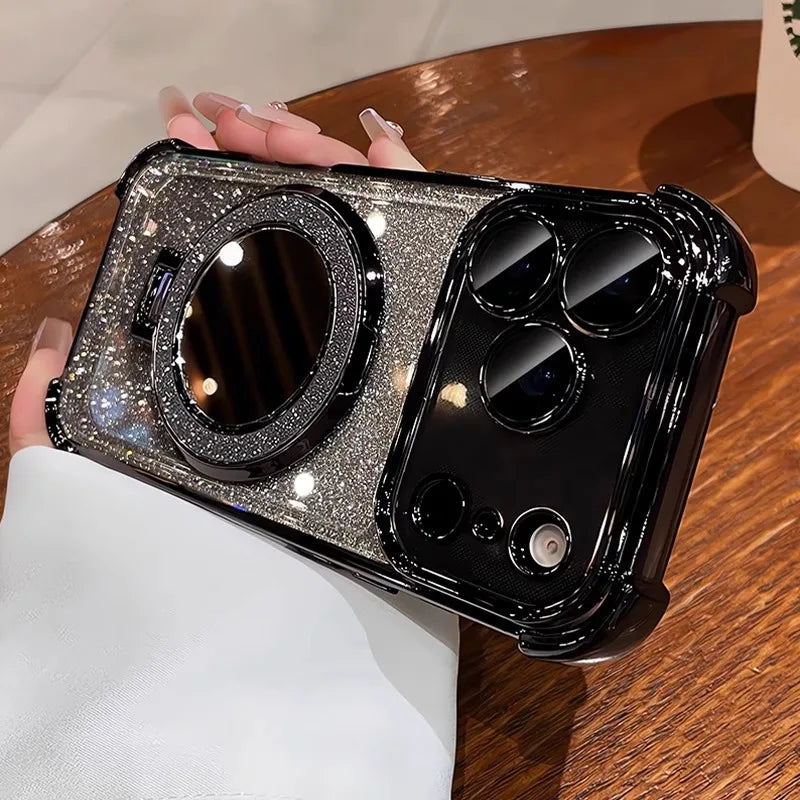 Luxury Glitter Mirror Case with Ring Holder Stand for iPhone 17–12 Series – Shockproof Bracket Cover (Pro Max/Plus)