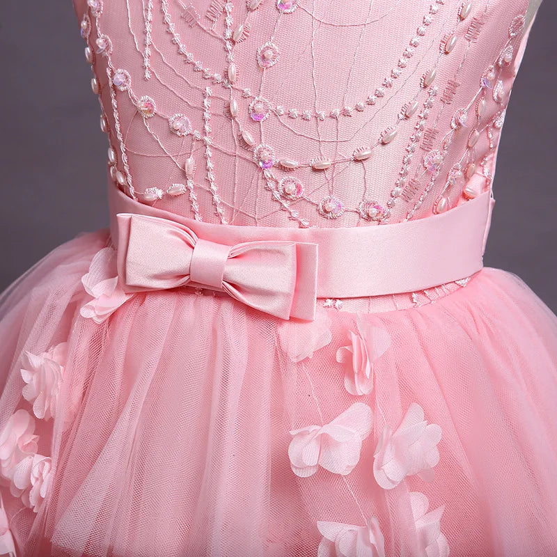 ''Girls'  Lace Bow Dress 4-12 Years, Flower  Sequin  Trailing Princess Dress''