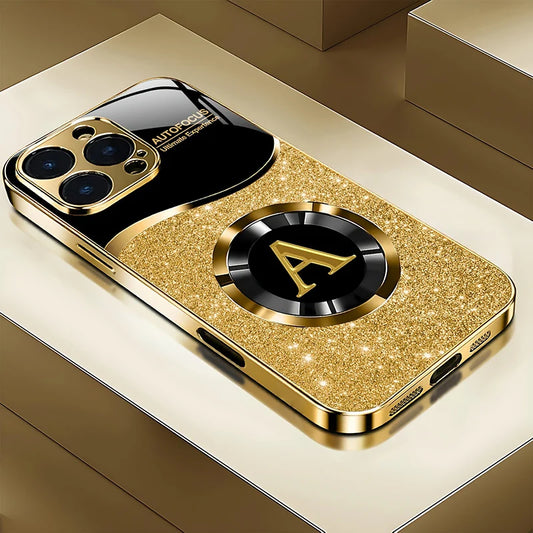 Luxury Gold Letter ''A'' Glass Phone Case - Shiny Metallic iPhone Cover  (11-17 Pro Max/Plus/ Air)
