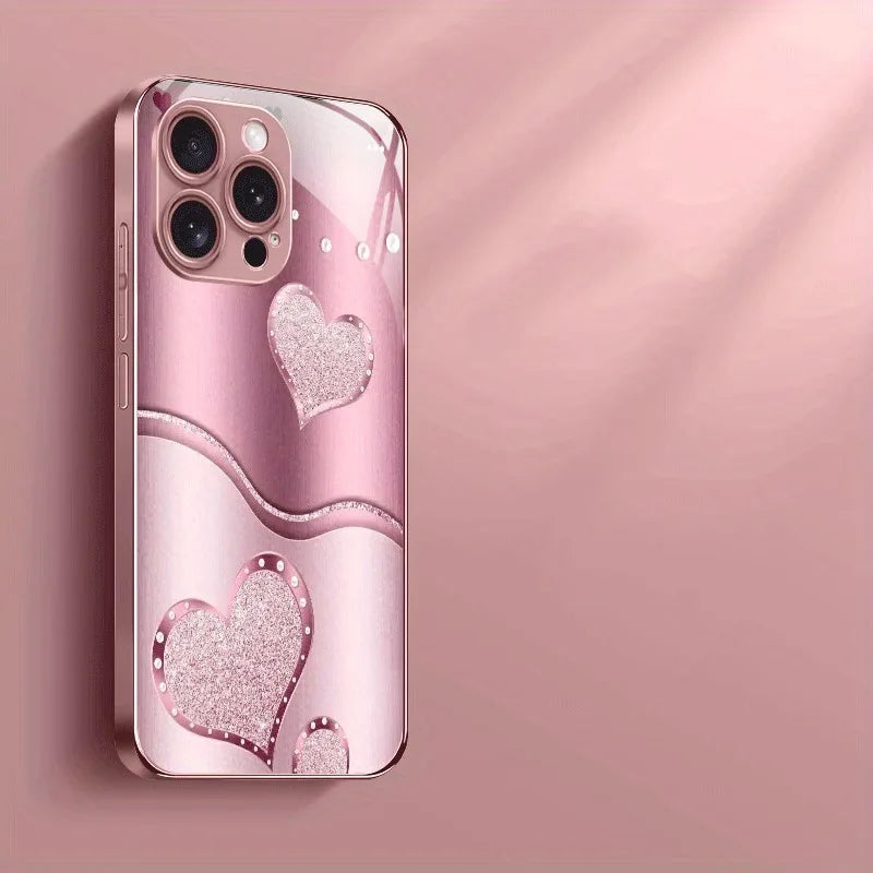 Cutie Love Heart Pattern Pink Metallic Glass Phone Case for iPhone 17 / 16 / 15 / 14 / 13 / 12 / 11 Pro Max Plus – Luxury Hard Protective Cover