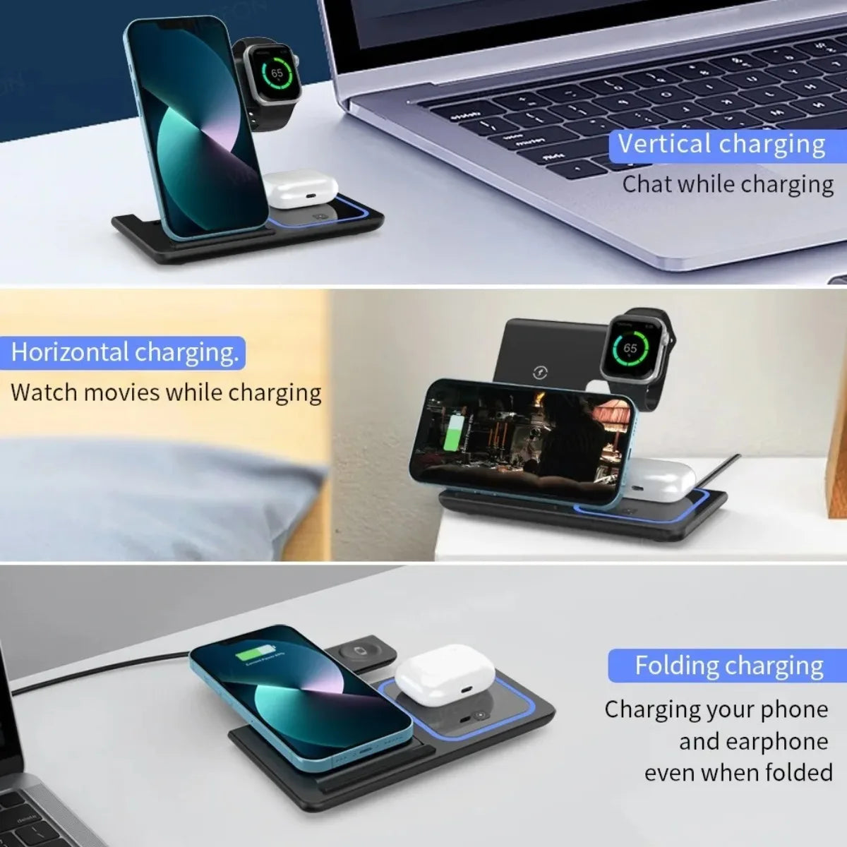 Foldable 3-in-1 Travel Wireless Charger - iPhone 12 - 16 Pro Max + Apple Watch + Air Pods