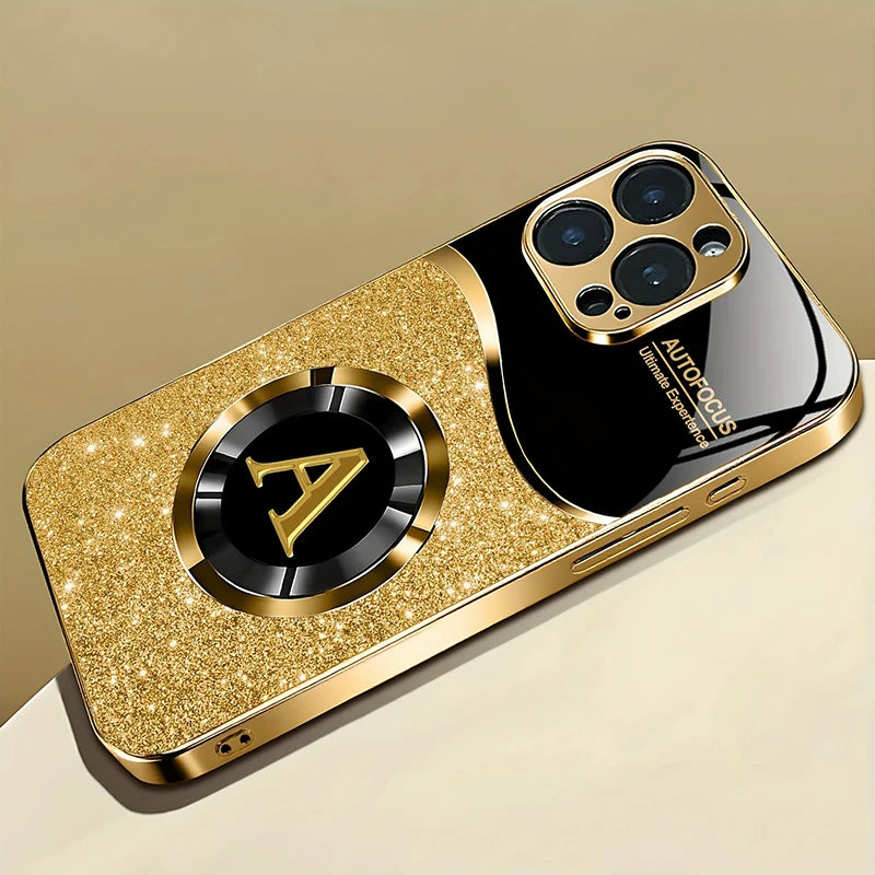 Luxury Gold Letter ''A'' Glass Phone Case - Shiny Metallic iPhone Cover  (11-17 Pro Max/Plus/ Air)
