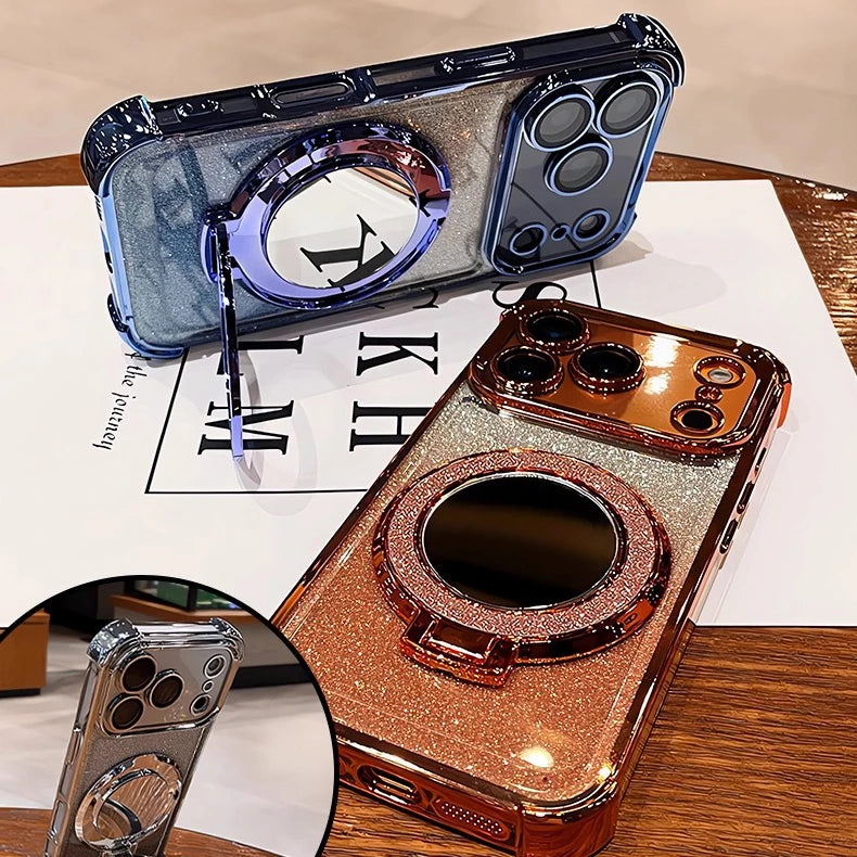 Luxury Glitter Mirror Case with Ring Holder Stand for iPhone 17–12 Series – Shockproof Bracket Cover (Pro Max/Plus)