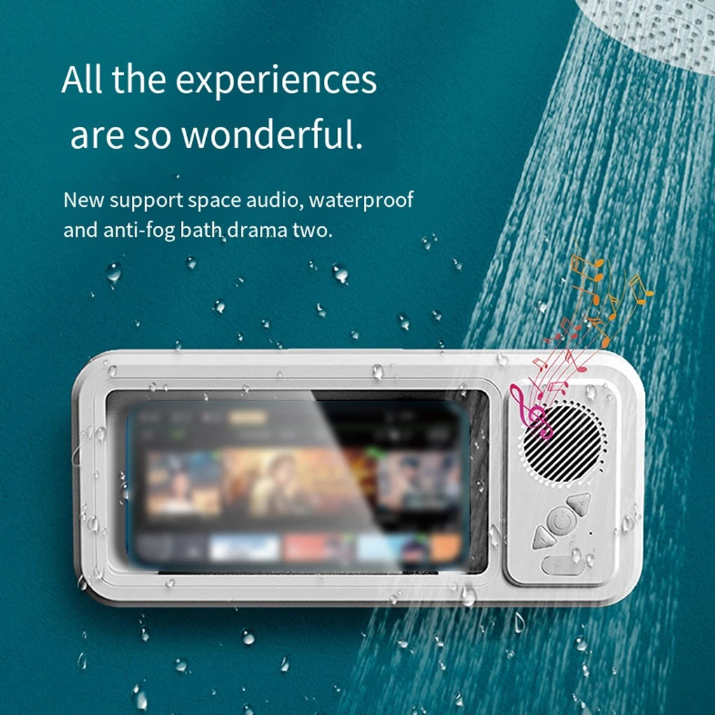 Shower Phone Holder with Bluetooth Speaker -  IPX4 Waterproof,  Anti-Fog Touch Screen Wall Mount 
﻿