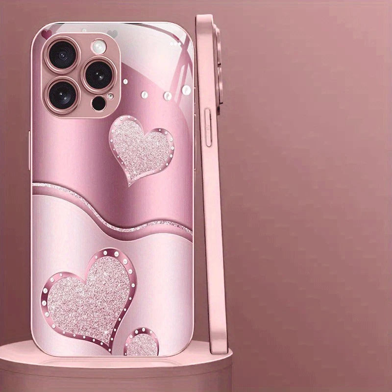 Cutie Love Heart Pattern Pink Metallic Glass Phone Case for iPhone 17 / 16 / 15 / 14 / 13 / 12 / 11 Pro Max Plus – Luxury Hard Protective Cover
