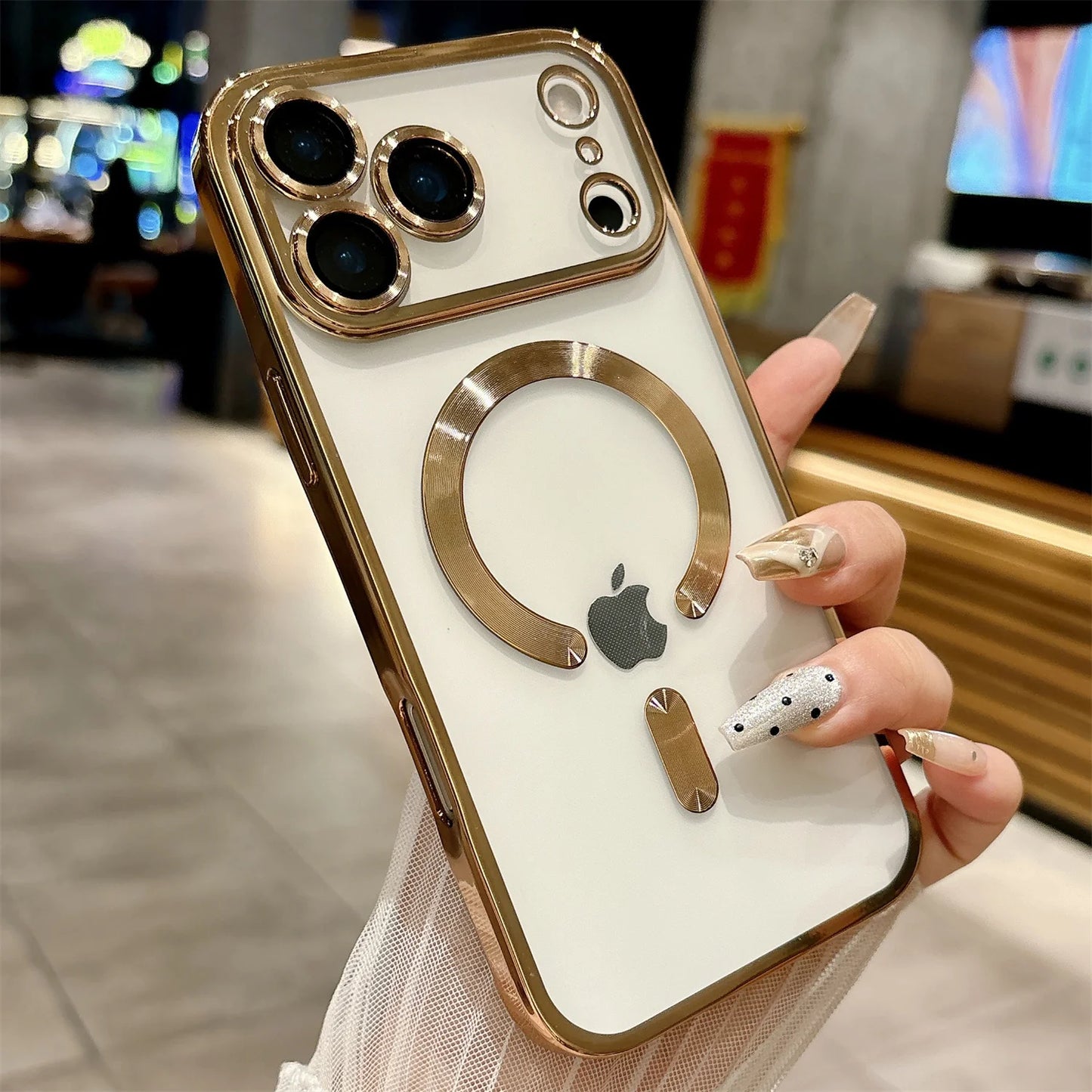 iPhone 17 /17 Pro iphone17 Air Soft Silicone Magnetic Case - Transparent  MagSafe  Cover with Full  Lens Camera Protection (Gold Frame)