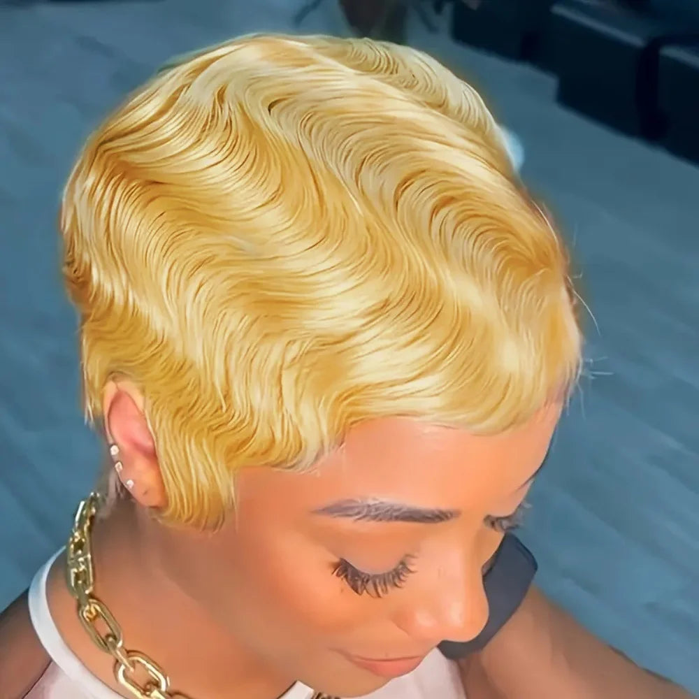 Short Finger Wave  Human Hair Wig -  Full Brown   Wig  for  Women, Natural Soft Style