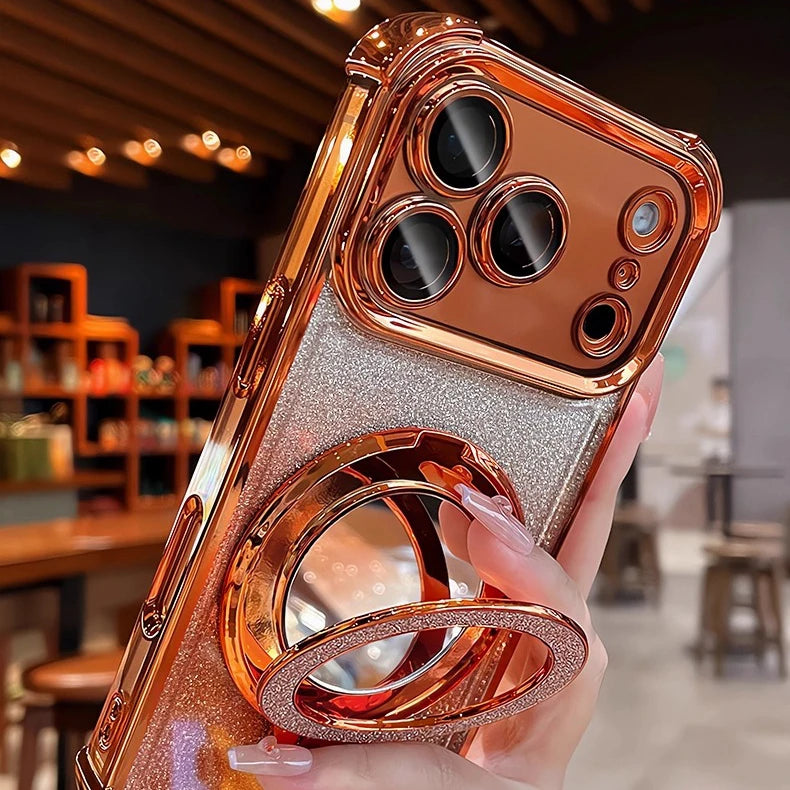 Luxury Glitter Mirror Case with Ring Holder Stand for iPhone 17–12 Series – Shockproof Bracket Cover (Pro Max/Plus)