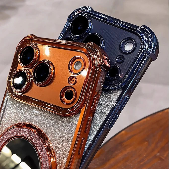 Luxury Glitter Mirror Case with Ring Holder Stand for iPhone 17–12 Series – Shockproof Bracket Cover (Pro Max/Plus)