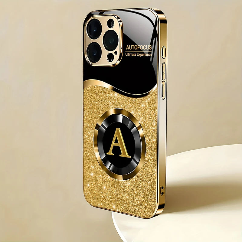 Luxury Gold Letter ''A'' Glass Phone Case - Shiny Metallic iPhone Cover  (11-17 Pro Max/Plus/ Air)