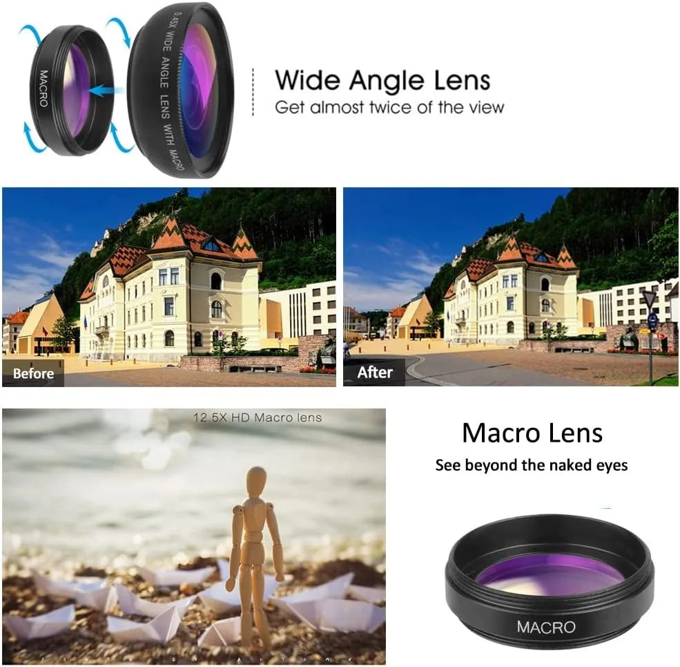 2 IN 1 Lens Universal Clip 37mm Mobile Phone Lens  0.45X  Super Wide + Macro HD  For iPhone &  Android