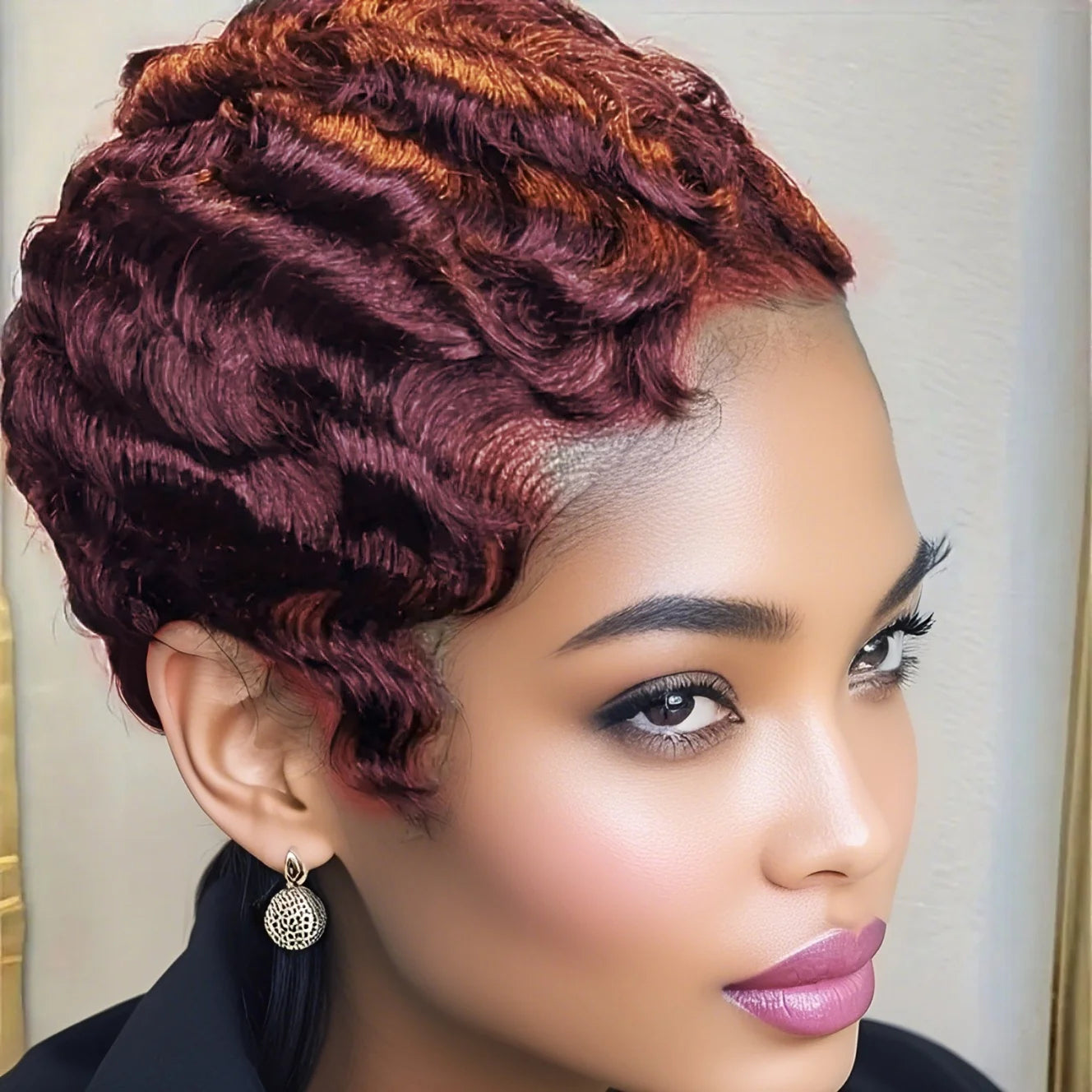 Short Finger Wave  Human Hair Wig -  Full Brown   Wig  for  Women, Natural Soft Style