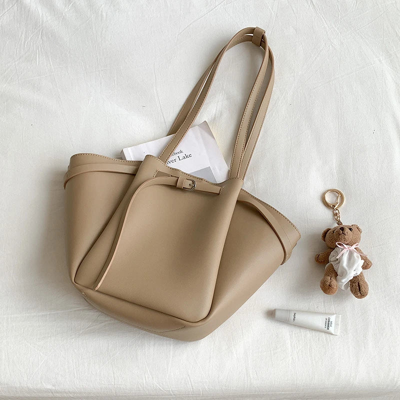 Soft PU Large Capacity Tote Bag Women Fashion Korean Style Commuter Shoulder Bag Solid Color Retro Minimalist Handbag