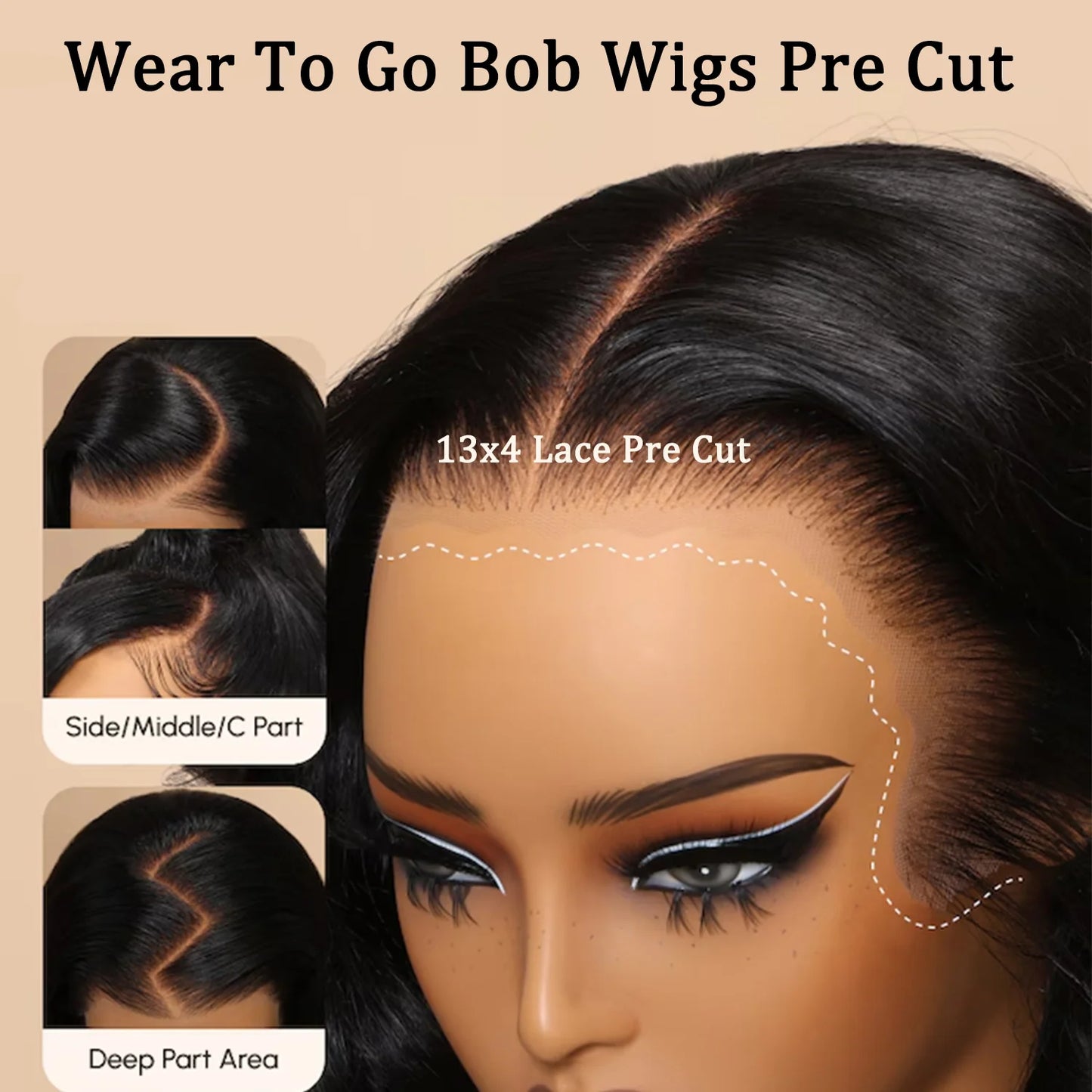 13x4 Bye Bye Knots  Glueless  Deep Wave Bob Wig -  200% Density Human  Hair,  Pre- Plucked Wear & Go