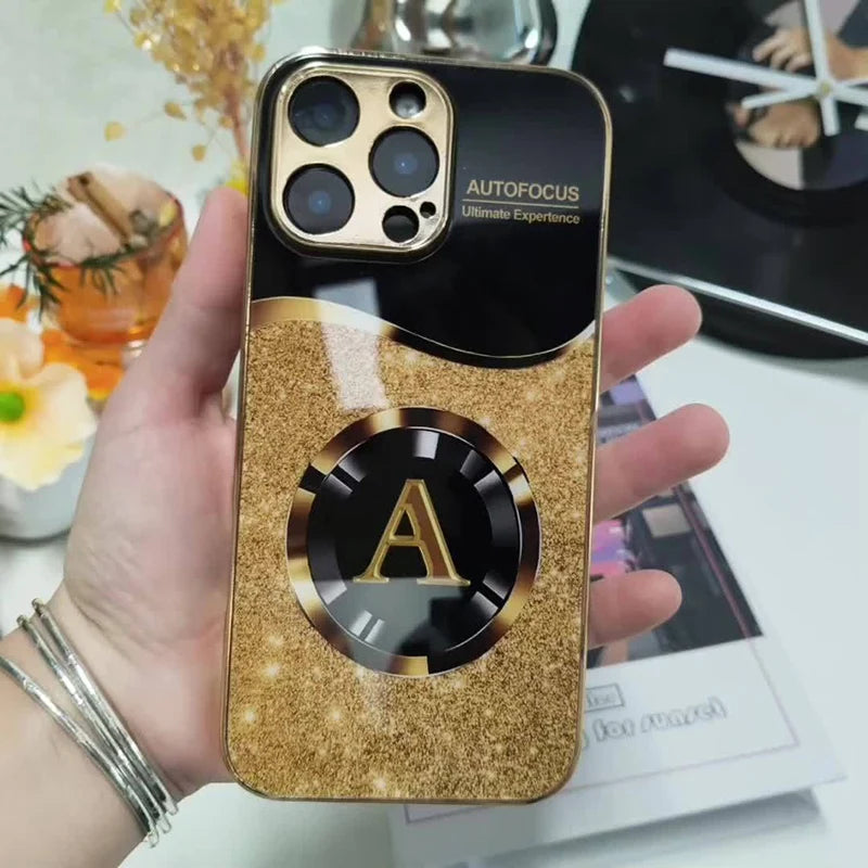 Luxury Gold Letter ''A'' Glass Phone Case - Shiny Metallic iPhone Cover  (11-17 Pro Max/Plus/ Air)