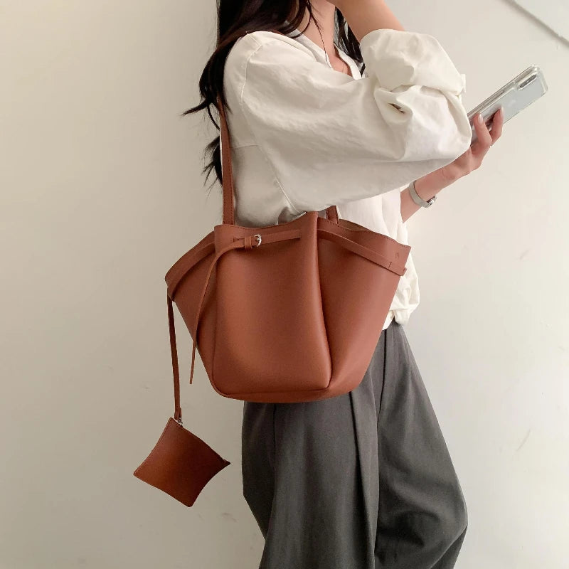 Soft PU Large Capacity Tote Bag Women Fashion Korean Style Commuter Shoulder Bag Solid Color Retro Minimalist Handbag