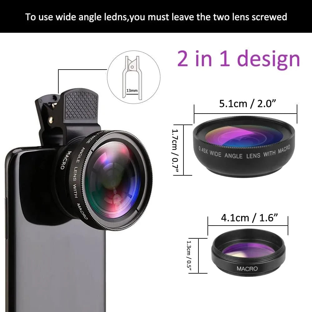 2 IN 1 Lens Universal Clip 37mm Mobile Phone Lens  0.45X  Super Wide + Macro HD  For iPhone &  Android