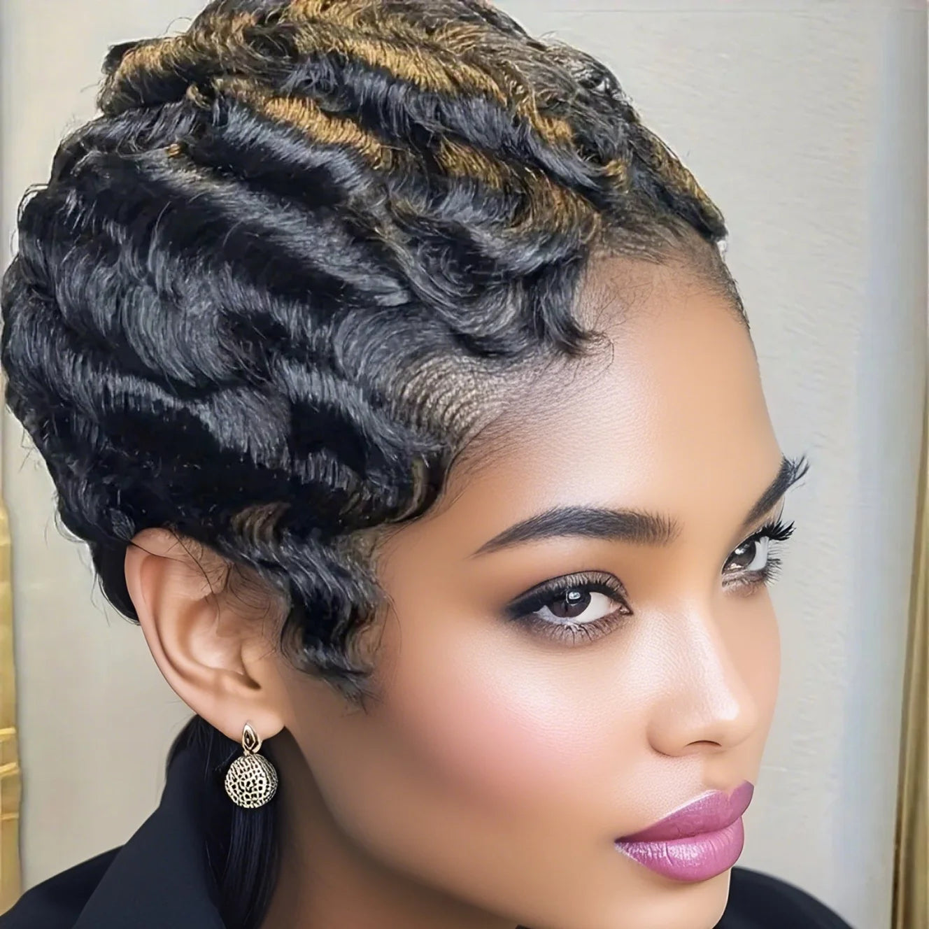 Short Finger Wave  Human Hair Wig -  Full Brown   Wig  for  Women, Natural Soft Style