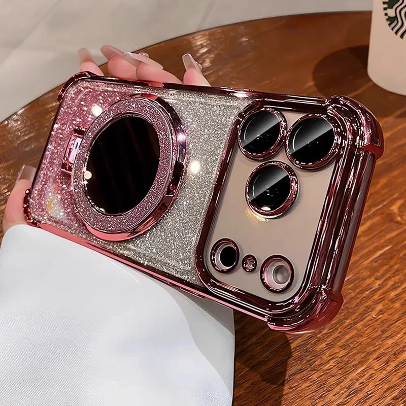 Luxury Glitter Mirror Case with Ring Holder Stand for iPhone 17–12 Series – Shockproof Bracket Cover (Pro Max/Plus)