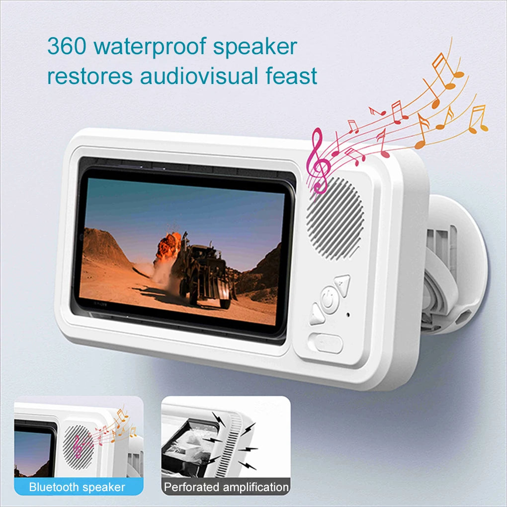 Shower Phone Holder with Bluetooth Speaker -  IPX4 Waterproof,  Anti-Fog Touch Screen Wall Mount 
﻿