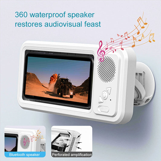 Shower Phone Holder with Bluetooth Speaker -  IPX4 Waterproof,  Anti-Fog Touch Screen Wall Mount 
﻿