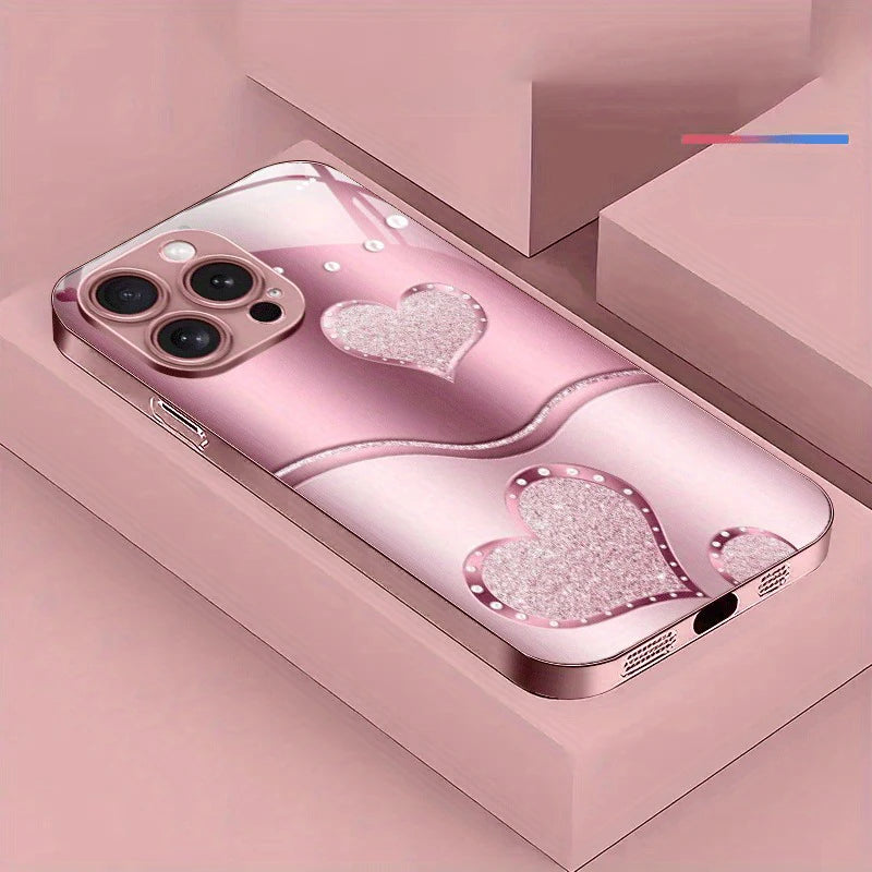 Cutie Love Heart Pattern Pink Metallic Glass Phone Case for iPhone 17 / 16 / 15 / 14 / 13 / 12 / 11 Pro Max Plus – Luxury Hard Protective Cover