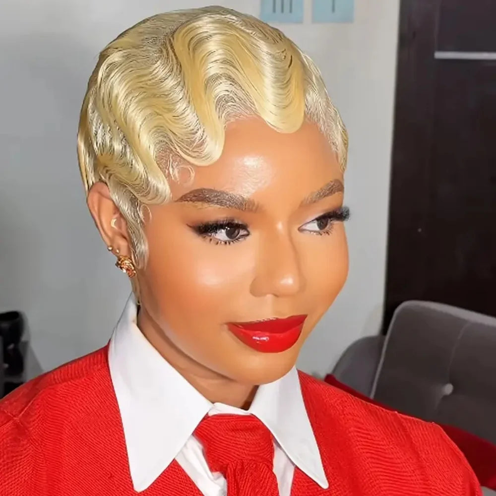 Short Finger Wave  Human Hair Wig -  Full Brown   Wig  for  Women, Natural Soft Style