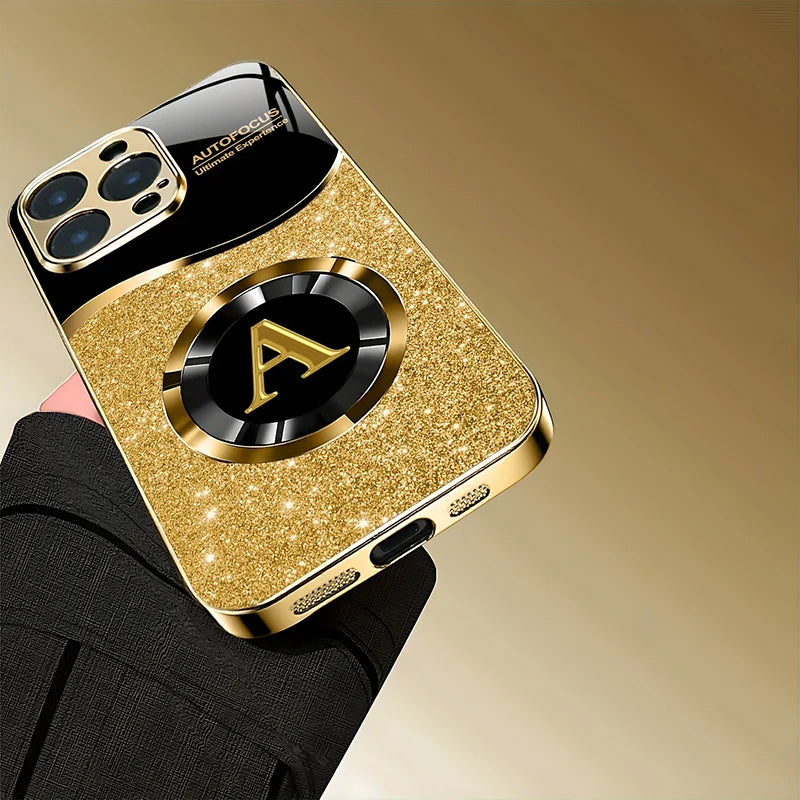 Luxury Gold Letter ''A'' Glass Phone Case - Shiny Metallic iPhone Cover  (11-17 Pro Max/Plus/ Air)