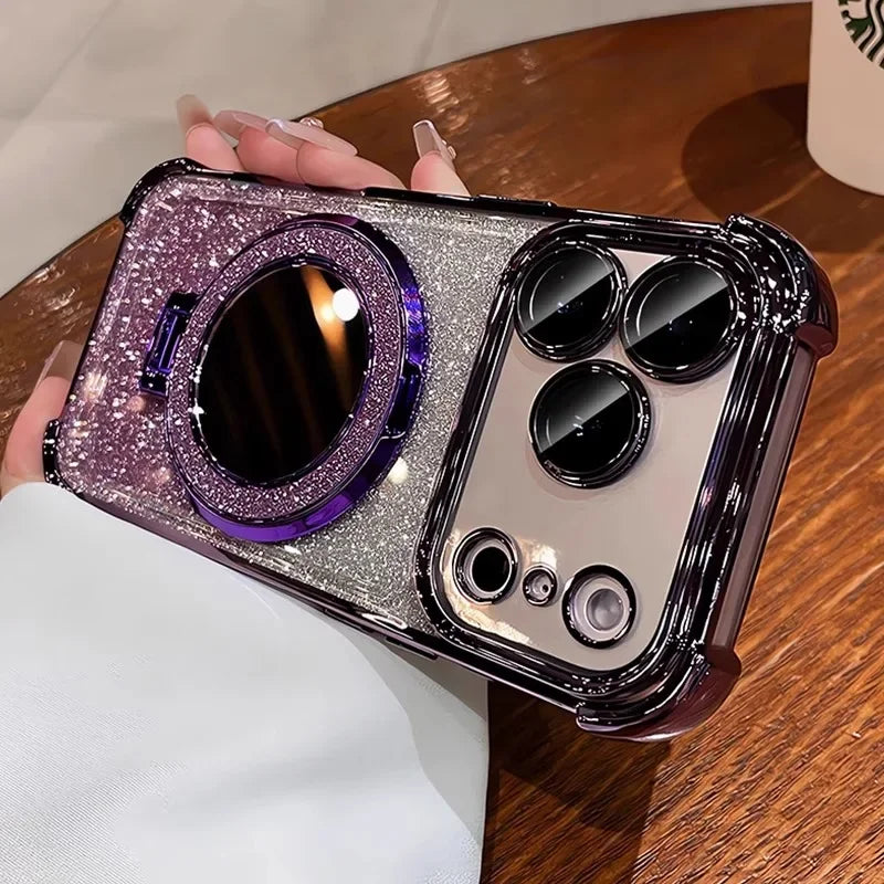 Luxury Glitter Mirror Case with Ring Holder Stand for iPhone 17–12 Series – Shockproof Bracket Cover (Pro Max/Plus)