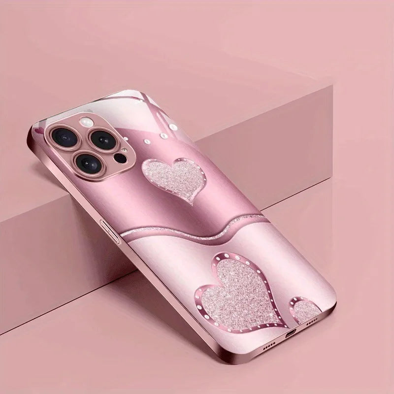 Cutie Love Heart Pattern Pink Metallic Glass Phone Case for iPhone 17 / 16 / 15 / 14 / 13 / 12 / 11 Pro Max Plus – Luxury Hard Protective Cover