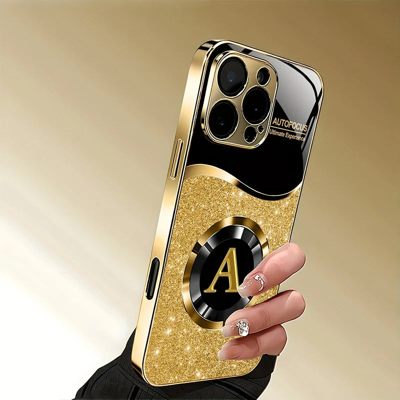 Luxury Gold Letter ''A'' Glass Phone Case - Shiny Metallic iPhone Cover  (11-17 Pro Max/Plus/ Air)