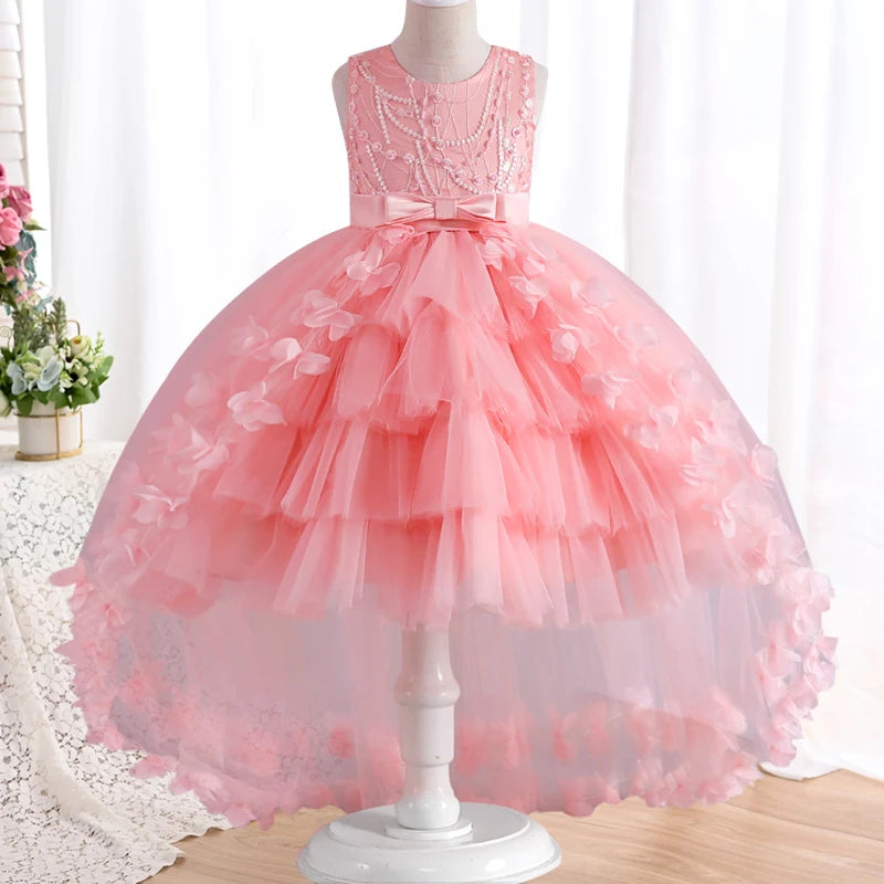''Girls'  Lace Bow Dress 4-12 Years, Flower  Sequin  Trailing Princess Dress''
