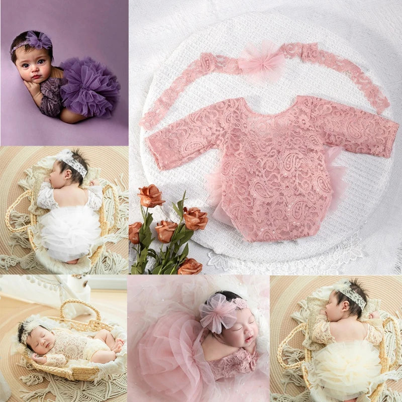 Newborn Baby Girl 2PCS Tutu Dress & Romper Set - Lace Princess Photography Outfit