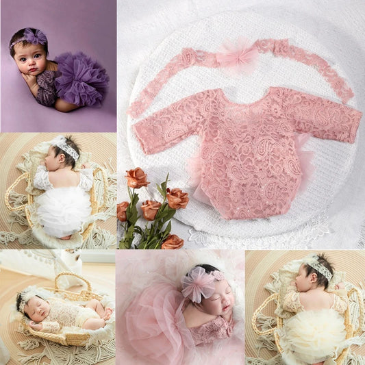 Newborn Baby Girl 2PCS Tutu Dress & Romper Set - Lace Princess Photography Outfit
